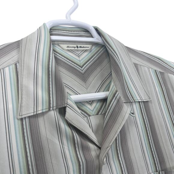 Tommy Bahama Silk Shirt Men's Medium Striped Button Up Short Sleeve Green Casual - Picture 1 of 13